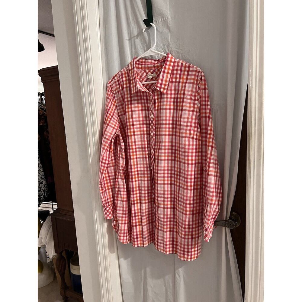 Talbots Red Orange Pink Checked Button Up Top Sz Xl